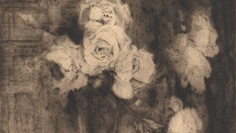 a black and white drawing of flowers in a vase