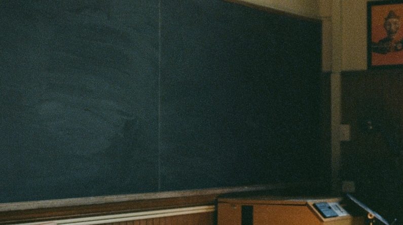 An empty classroom with a blackboard and desk