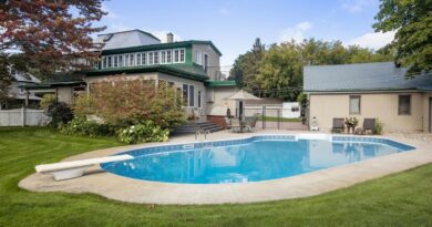 a backyard with a pool and a house in the background