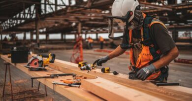 man in orange and black vest wearing white helmet holding yellow and black power tool